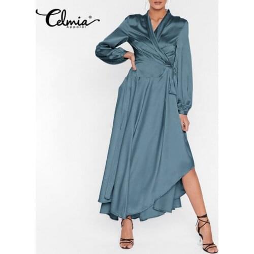 Spring Long Sleeve Satin Party Dress Womens Fashion Sundress 2021 Celmia Sexy V-neck Bandage Casual Solid Belted Vestidos 5XL 7