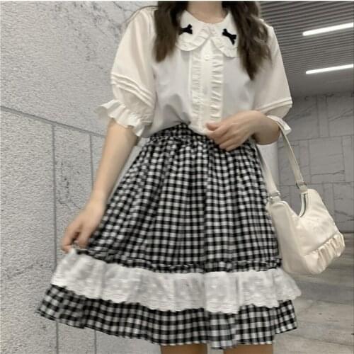 2021 Japanese Summer Women Lolita Style Outfit White Peter Pan Collar Bow Shirt+Plaid Lace Ruffles Skirt Kawaii Preppy 2Pcs Set