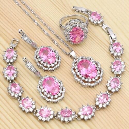 925 Silver Bridal Jewelry Sets For Women Pink CZ White Crystal Ring Bracelet Necklace Pendant Earrings Sets