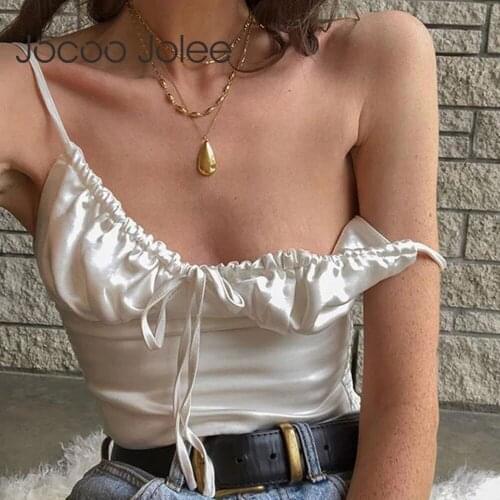 Jocoo Jolee Women Elegant Satin Drawstring V Neck White Black Sling Tank Tops Sexy Women Slim Camis Backless Crop Tops 2021