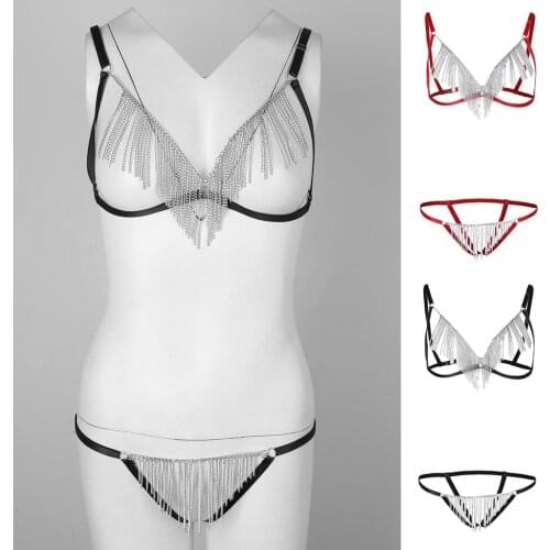 Womens Cage Bra G-String Set Lingerie Exotic Strappy Bra Harness Tassel Hollow Out Erotic Bra Sexy Underwear