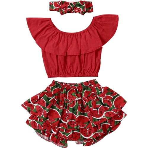 1-6Y Fashion Pineapple Watermelon Print Girls Clothes Sets Kids Off Shoulder T Shirts Tops Shorts Headband 3pcs Summer Outfits
