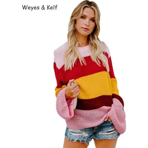 Weyes & Kelf Autumn Color Striped Loose Knitted Sweater Women Pullovers 2020 Winter Long Flare Sleeves Sweater Mujer Knitwear