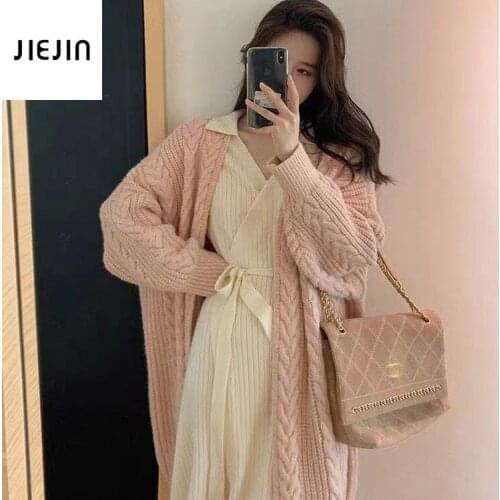 Pink Knit Cardigan Casual Long Knitted Cardigan Women Vintage Loose Sweater Korean Fashion Solid Color Knitted Outerwear Female