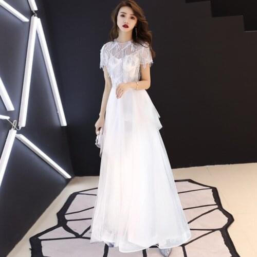 Beauty Emily Evening Dresses Elegant Lace Illusion Short Sleeves Wedding Formal Dress Sequined A-line Zipper Long Party Gowns