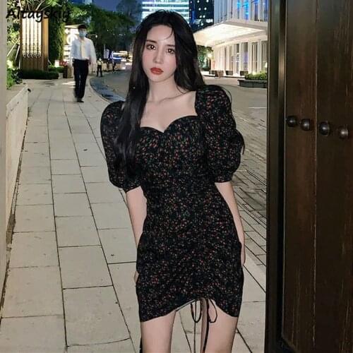 Dress Women Square Collar Mini Sexy Shirring Sweet Harajuku Streetwear Female Clothing Cool Girls Puff Sleeve All-match Vintage