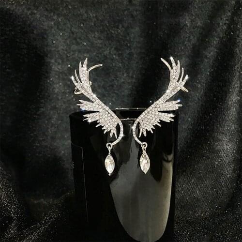 1 Pair Angel Wings Rhinestone Clip On Earrings Hanging Dangle Exquisite Exaggerated Stud Earrings Elegant Dangle Ear Cuffs