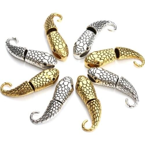 10 Sets Snake Head Hook Clasp End Cap Hook Leather Cord Antique Silver Gold Plated for Jewelry Making 7mm
