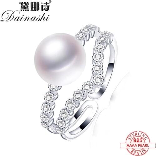2020New Luxury Zircon 100% Natural Freshwater Pearl Ring Fashion Silver Party Wedding Jewelry Adjustable Pearl Rings for Women