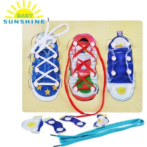 Baby Kids Shoelace Tying Practice Child Shoelace Exercise Toys Wooden Puzzles Vivid color realistic pattern toys for Children