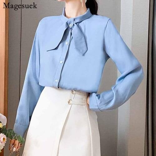 Elegant Office Lady Style Autumn New Fashion Bow Tie Stand-collar Vintage Top Woman Blouse Long Sleeve Shirt Female 10662
