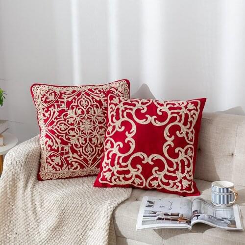 Red color cotton embroidered flower pattern cushion cover sofa waist pillowcase decorative throw pillow covers for backrest