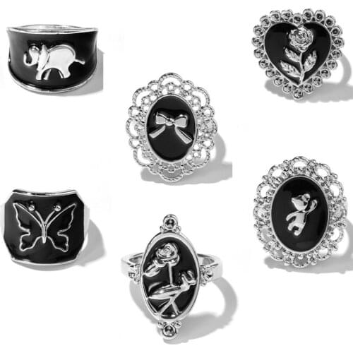 HuaTang 2021 Black Enamel Flower Bowknot Finger Rings for Women Men Silver Color Butterfly Elephant Knuckle Ring Jewelry Anillos