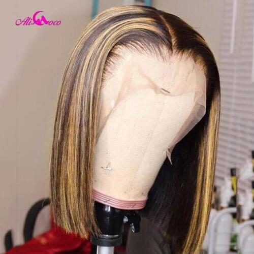 Short Bob Ombre Highlight Lace Front Human Hair Wigs Ear To Ear Brazilian Remy Hair 180% Lace Frontal Wigs For Black