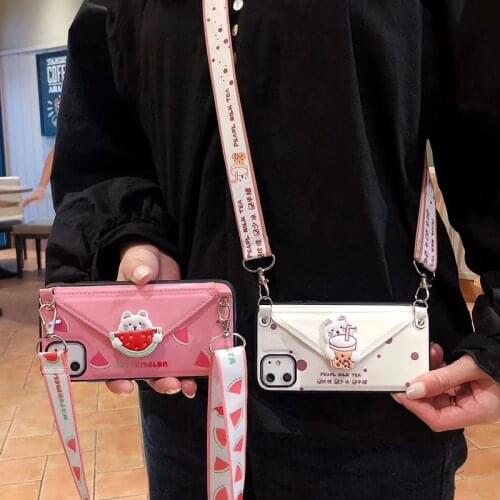 Fashion Cartoon Crossbody Wallet Phone Case For iPhone 11Pro MAX SE XR 7 8 6 Plus Leather Card Slot Lanyard Shoulder Strap Cover