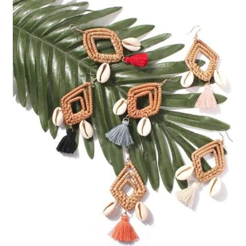 Latest Design Womens Rattan Tassel Wicker Woven Sea Shell Conch Hooks Earrings Jewelry 2019