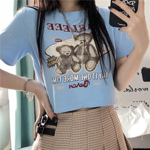 2021 summer new short-sleeved cartoon bear print short-sleeved T-shirt womens short tops wild round neck Harajuku style