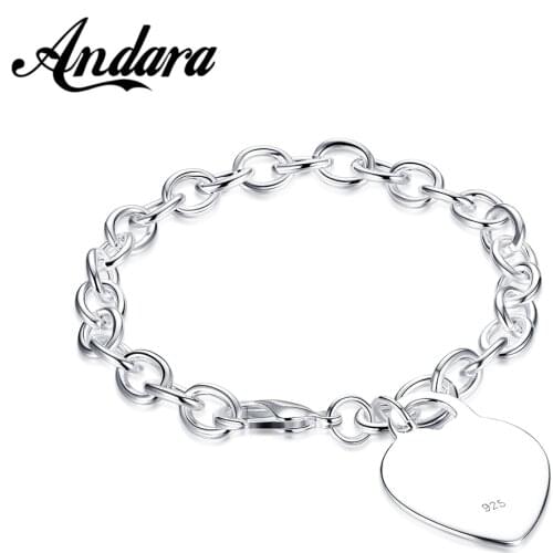 New 925 Silver Heart Pendant Bracelet Lobster Clasp O-Chain Classic Jewelry Gift for Men and Women