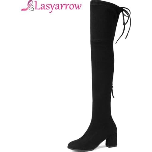 Lasyarrow 2018 Autumn Winter Over The Knee Boots Suede Chunky Heeled Women Long Boots Plus Size Zipper Fashion High Boots F113