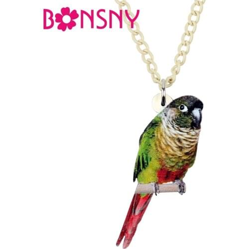 Bonsny Acrylic Green-check Conure Bird Necklace Pendant Chain Collar Fashion Animal Jewelry For Women Girls Gift Accessories