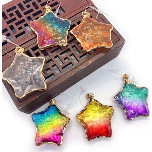 Natural Stone Crystal Pendant Star Shape Reiki Stone Healing Color Gradient Jewelry Making Stone Pendant Necklace Earrings 38mm