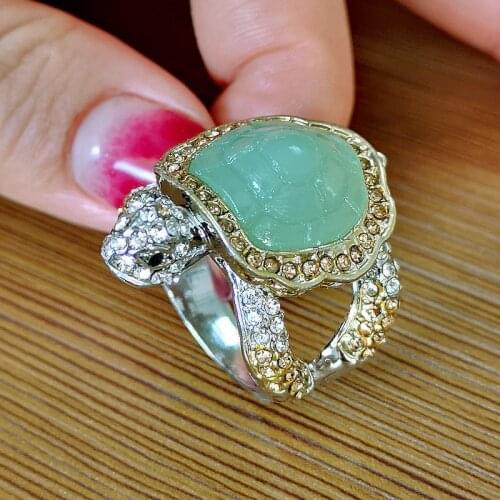 Male Female Luxury Green Jade Turtle Ring Vintage Fashion Gold Silver Color Engagement Ring Crystal Wedding Rings For Women Men