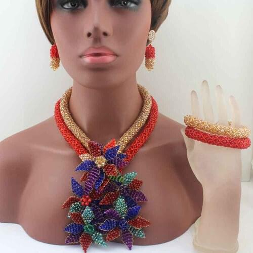 Luxury african beads jewelry sets Flowers Pendant Necklace Colorful Crystal nigerian Women Wedding Beads Party Gift W13672