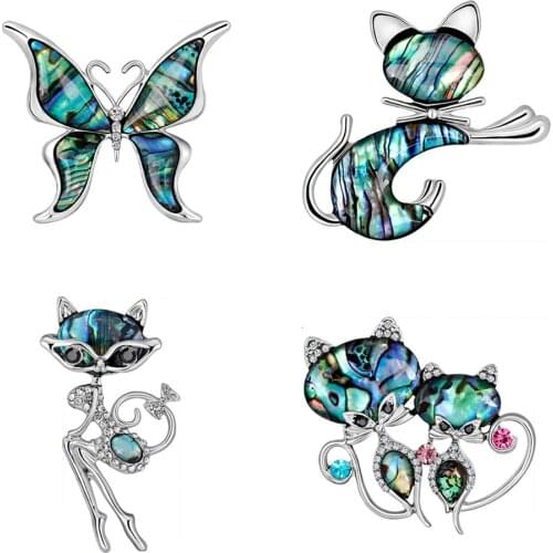 Rhinestone Sexy Cat/Fox/Butterfly Animal Natural Abalone Shell Cat Brooches For Women Alloy Metal Banquet Weddings Brooch Gifts