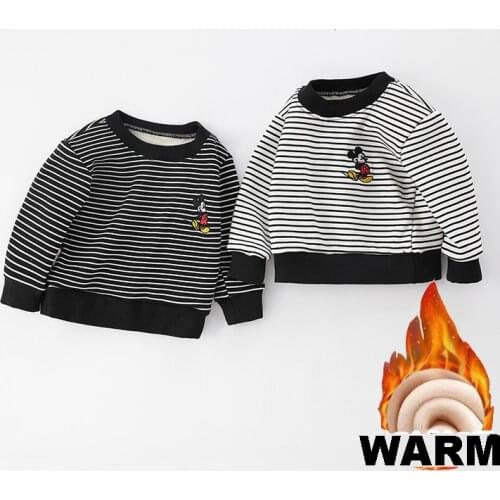 Disney Mickey Baby Boy Girl Sweatshirt Childrens Clothing Cotton Striped Plus Velvet Sweatshirts Toddler Loose Sweater Top Tees