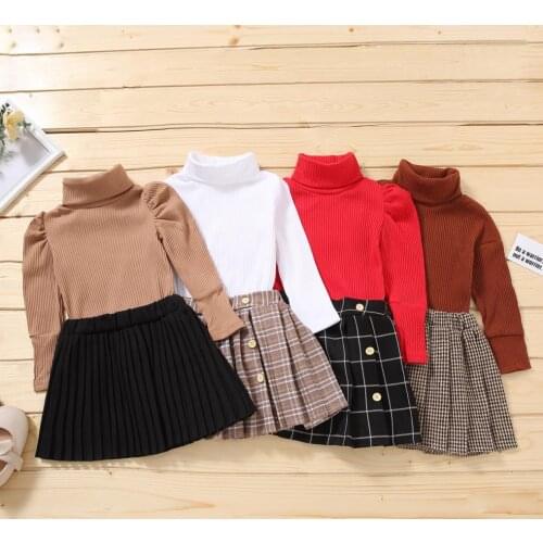 2021 Winter Autumn Girls Casual Cotton Clothes Set Solid Color Turtleneck Knitwear Tops Pleated Skirt Childrens Sets 2pcs