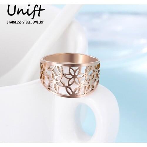Unift Hollow Flower Of Life Stainless Steel Rings For Elegant Women Retro Ethnic Wicca Jewelry Engagement Accessories Party Gift