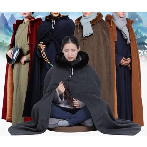 Unisex winter warm buddha prayer coat buddhist shaolin monk cape kung fu suits robe zen lay meditation cloak green/yellow/blue