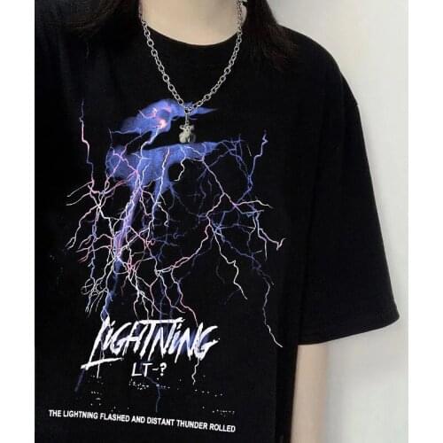 Harajuku Lightning Punk Goth Tops INFERNO Letter print Streetwear Ulzzang Grunge hip hop Vintage Y2k tee women T-shirt OverSized