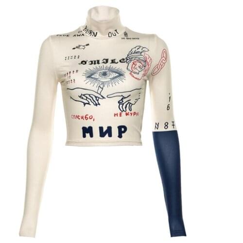 Autumn and winter new womens streetwear crop top turtleneck print navel T-shirt