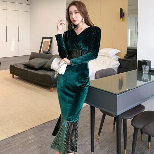 2021 Spring Sexy Party Bodycon Dresses Women Long Sleeve V Neck Elegant Velvet Dresses Vintage Patchwork Mermaid Dress Vestidos