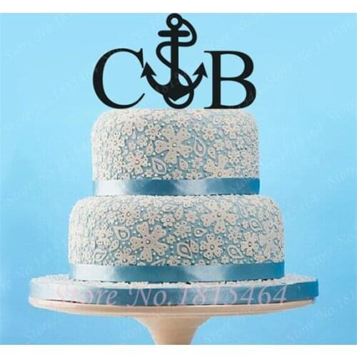 1pcs Personalized Wedding Cake Topper with Anchor,Bride Groom Initials Wedding Cake Topper,Rustic Cupcake Toppers Cake Accessory