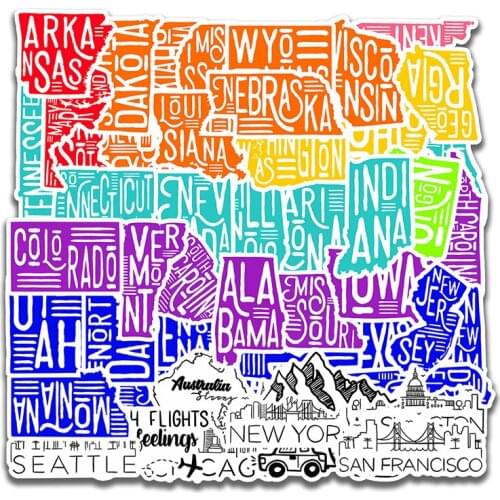 50pcs WordArt Style City Sticker For Laptop Computer Skateboard Luggage Refrigerator Notebook Helmet Toy Cartoon Stickers F4