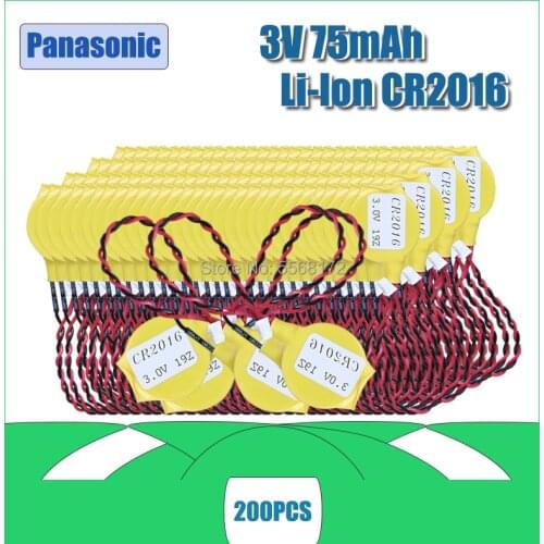 200PCS CR2016 2016 Panasonic Button Battery with Wire and Plug CMOS 3V BIOS Battery for Notebook motherboard