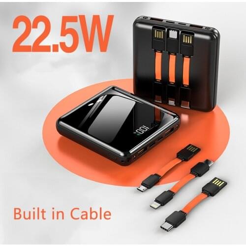 20000mAh Power bank 22.5W Super Fast Charging External Battery Mini Powerbank built in Cable For iPhone 12 X Xiaomi mi Poverbank