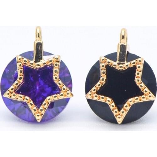 4pcs CZ Paved Gold Star Charms 8mm, Real Gold plated Brass, Purple/ Black (GB-570)
