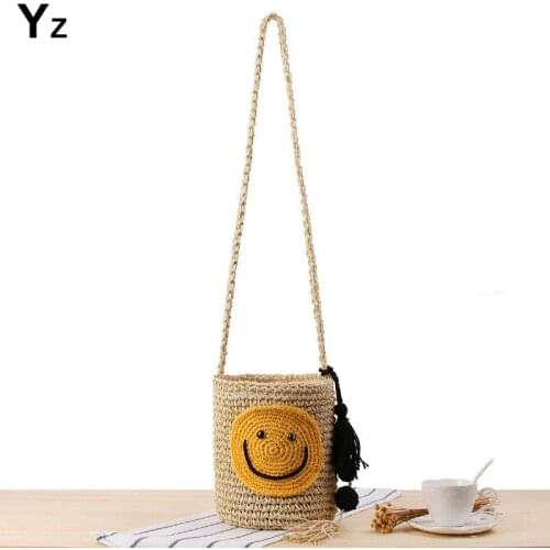 Aaby 2021 New Fashion Ladies Crossbody Bag With Smiling Face Appliquees High Quality Straw Bags For Women