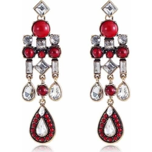 YaYi White Glass Rhinestone Red Kallaite Beads Dangle Earring Womens Fashion Ancient Gold Earrings gems Earrings For Women Girl