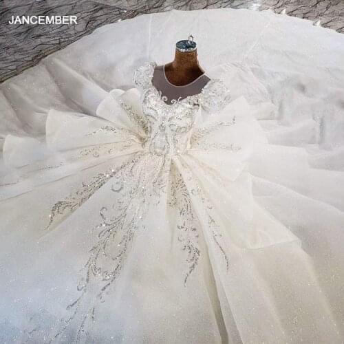 HTL1993 Elegant Extravagant Sequin Crystal Pearls Wedding Dress 2020 O-Neck Short Puff Sleeve Lace Up Back