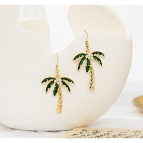 Jaeeyin 2021 Trendy Fish Hook Coconut Tree Pineapple Summer Seaside Pearl Accessories Drop Earrings Cute Gift For Women Girls
