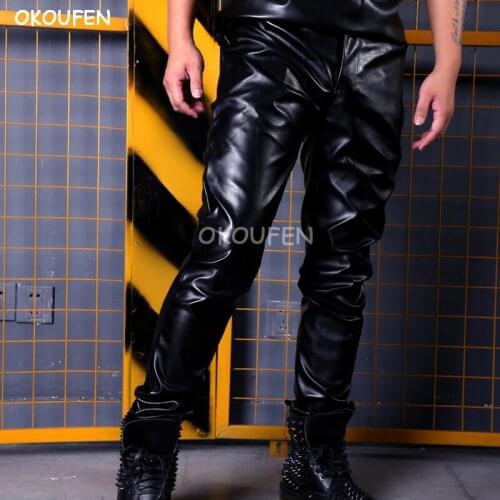 Classic Black pu Leather match Pants Nightclub Bar Singer DJ DS Costume Stage Dress wear Hairdresser