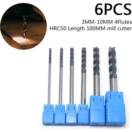 6 Pcs 100mm End Mill CNC Tool 3MM-10MM W/ 4 Flutes Extra Long Shank Tungsten Carbide Woodworking Tools Parts