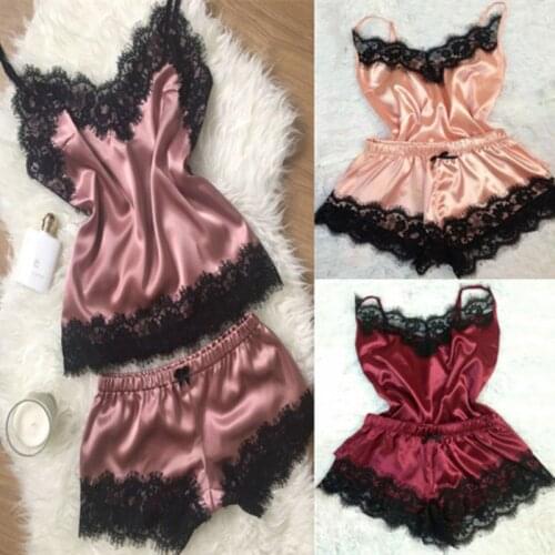Fashion Hot Sexy Explosive Satin Lace Pajamas Nightgown Home Suit Two-Piece Set European And American Sexy Underwear
