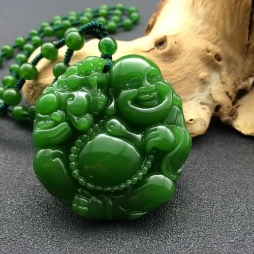 New Green Jades Pendant Handmade Carved Laughing Maitreya Buddha Women Mens Amulet Jewelry Pendants+Beads Necklace