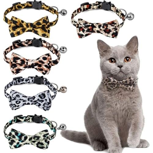 Breakaway Cat Collar with Bow Tie and Bell Cute Leopard Pattern Dog Bow Ties Safety Kitty Collars Soft Decorative for Small Dogs