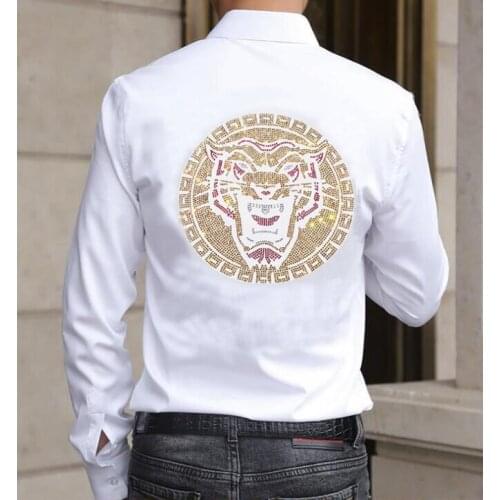 New black and white Color Fashion Shirt Long Sleeve Blouses Men clothing Summer Casual Top quality Diamond stone shirt Man